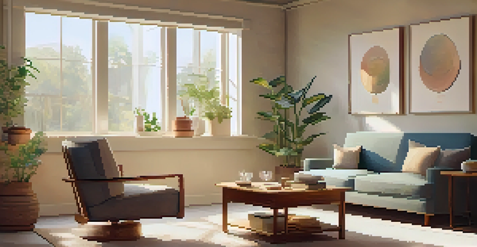 A peaceful therapy room with warm lighting, comfortable seating, plants, and calming decor, representing a safe space for therapy.