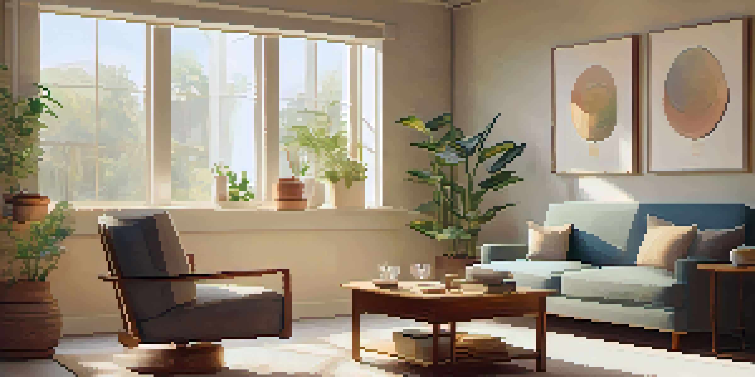 A peaceful therapy room with warm lighting, comfortable seating, plants, and calming decor, representing a safe space for therapy.