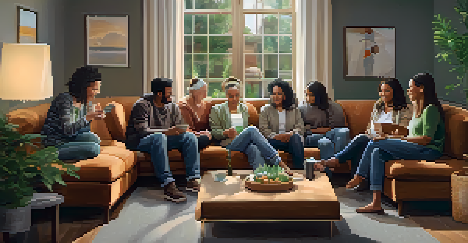 A group of individuals sitting in a circle sharing experiences in a cozy setting.