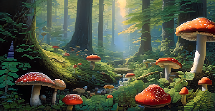 A peaceful forest with mist and sunlight filtering through trees, featuring colorful mushrooms in the foreground.