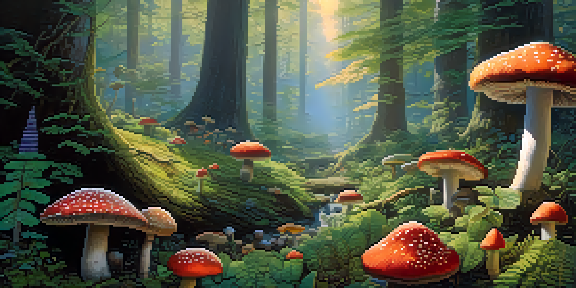 A peaceful forest with mist and sunlight filtering through trees, featuring colorful mushrooms in the foreground.