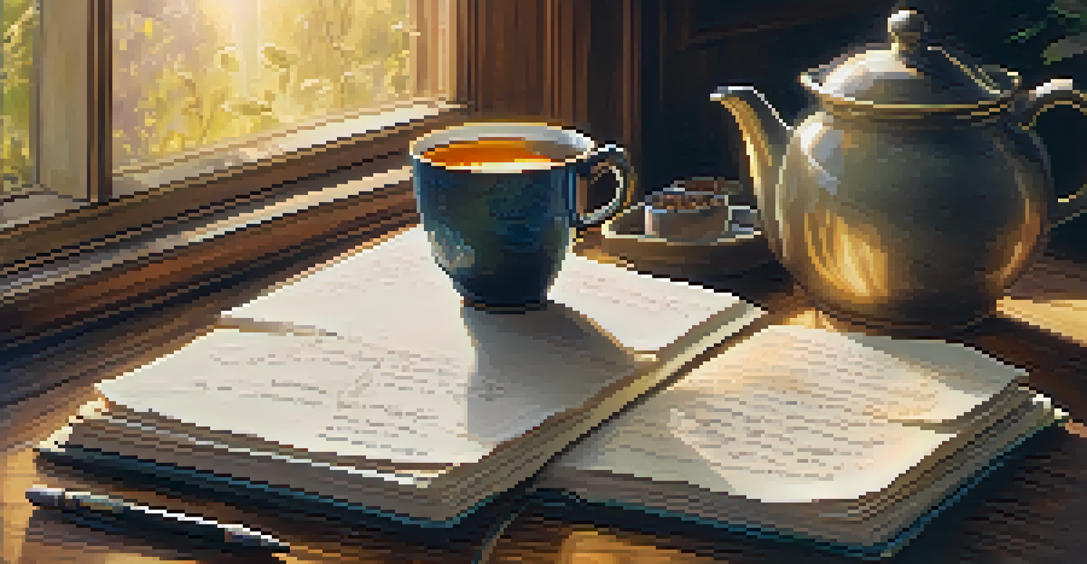 An open notebook with handwritten notes about hallucinogen therapy and a cup of herbal tea on a wooden table under warm light.