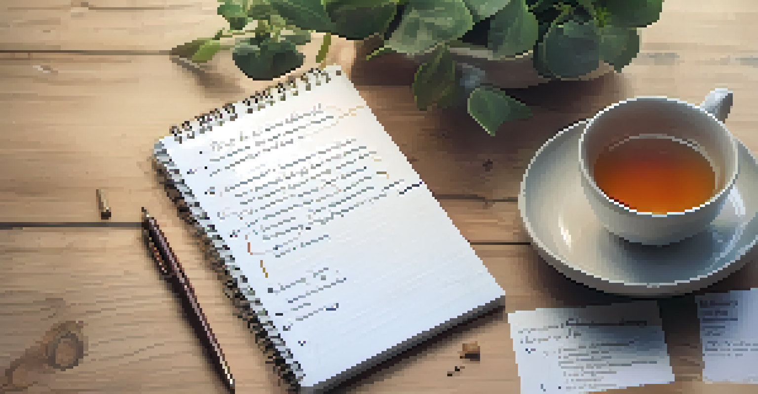 A close-up of a notepad with handwritten CBT notes, a cup of tea, and a pen in a soothing environment.