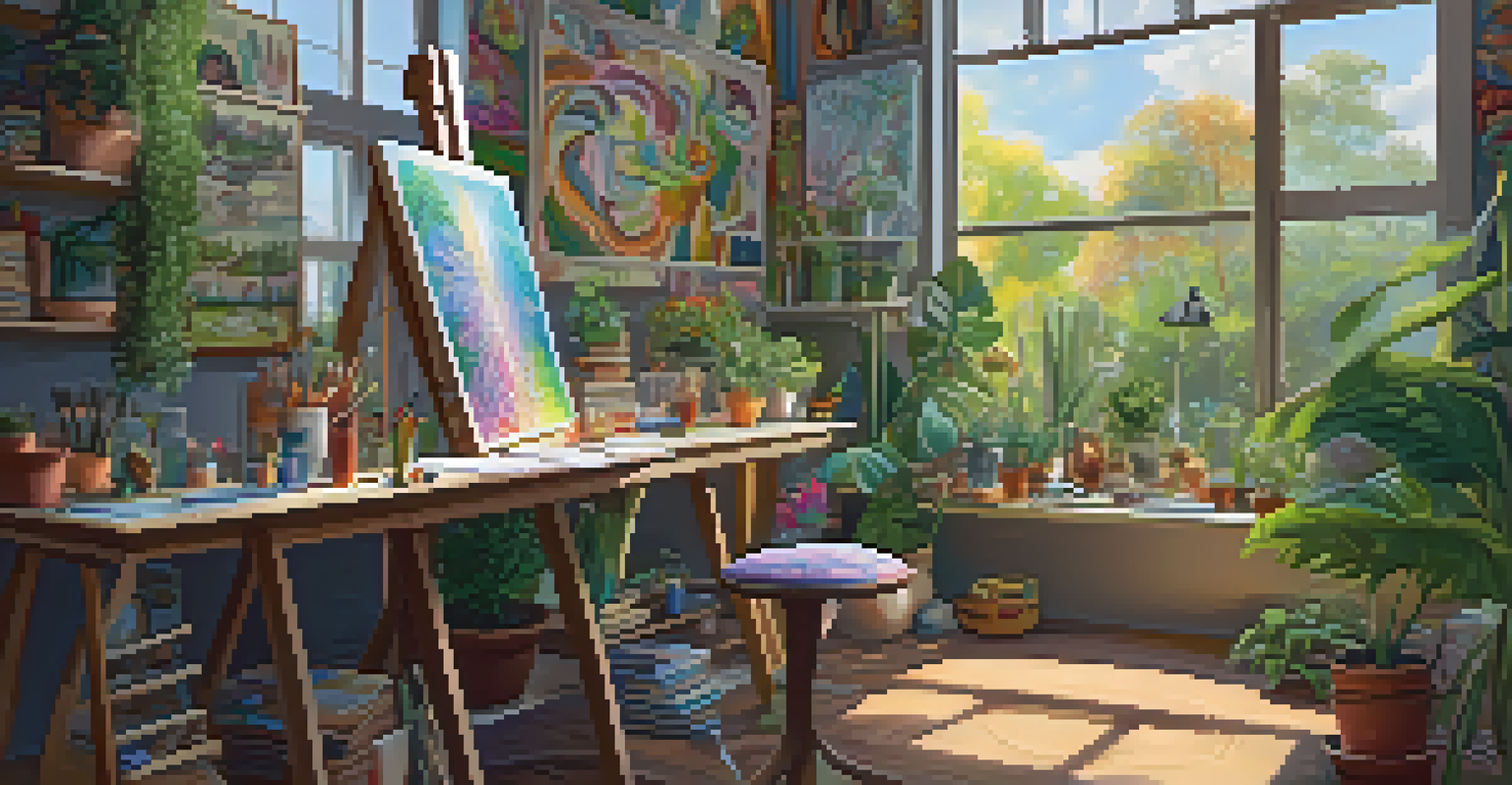 An artist's studio with a canvas painted in psychedelic patterns, filled with natural light and surrounded by plants and art supplies.
