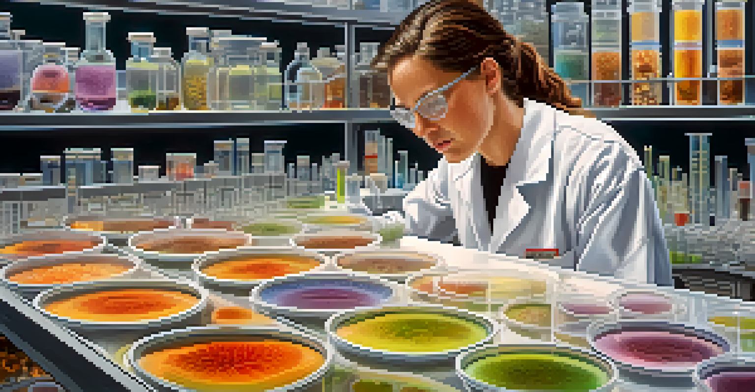 Close-up of a researcher examining colorful fungi in petri dishes in a laboratory setting.