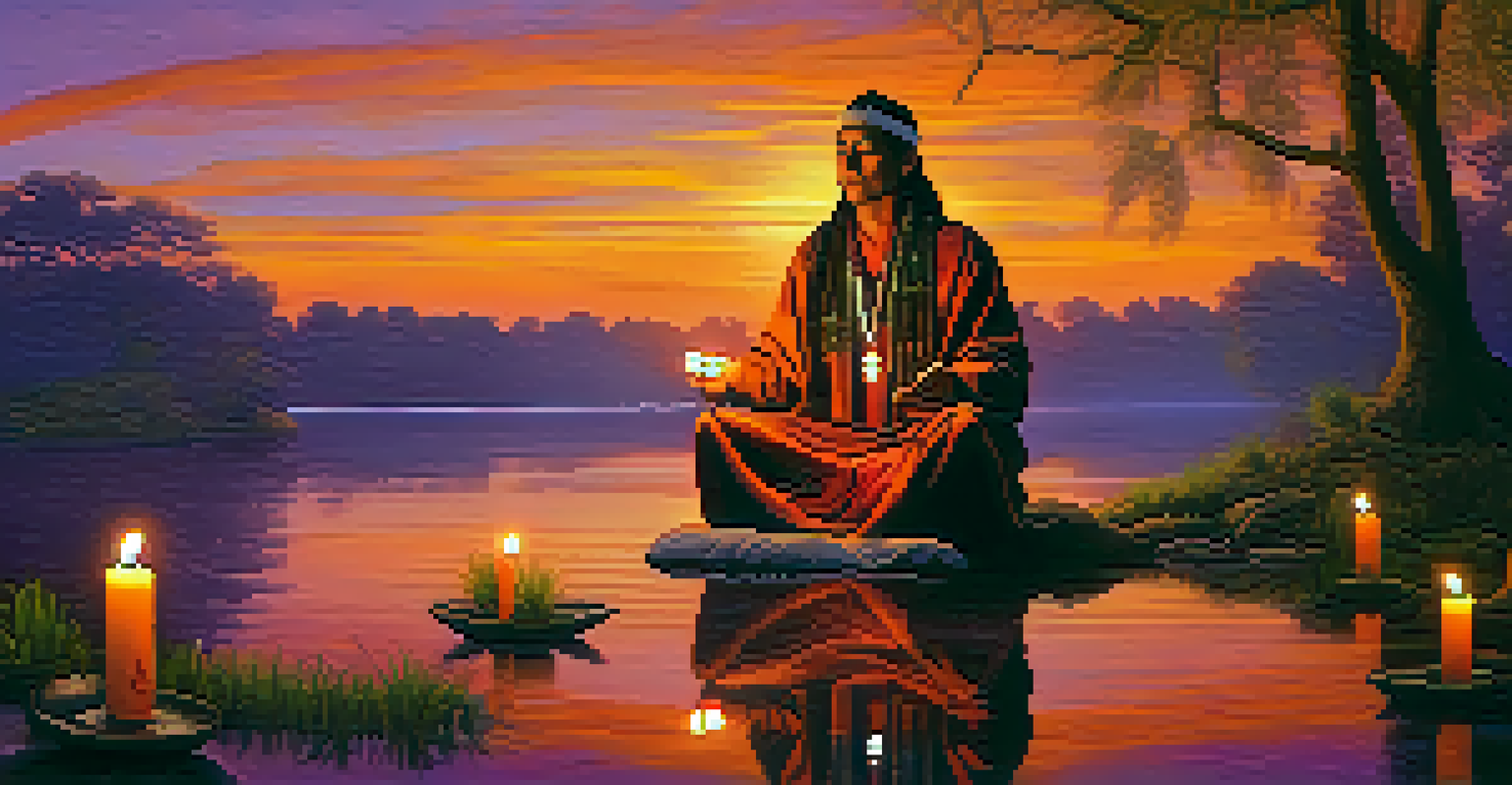A shaman conducting an ayahuasca ceremony by a riverbank at sunset, surrounded by candles and sacred plants, with a colorful sky reflecting in the water.
