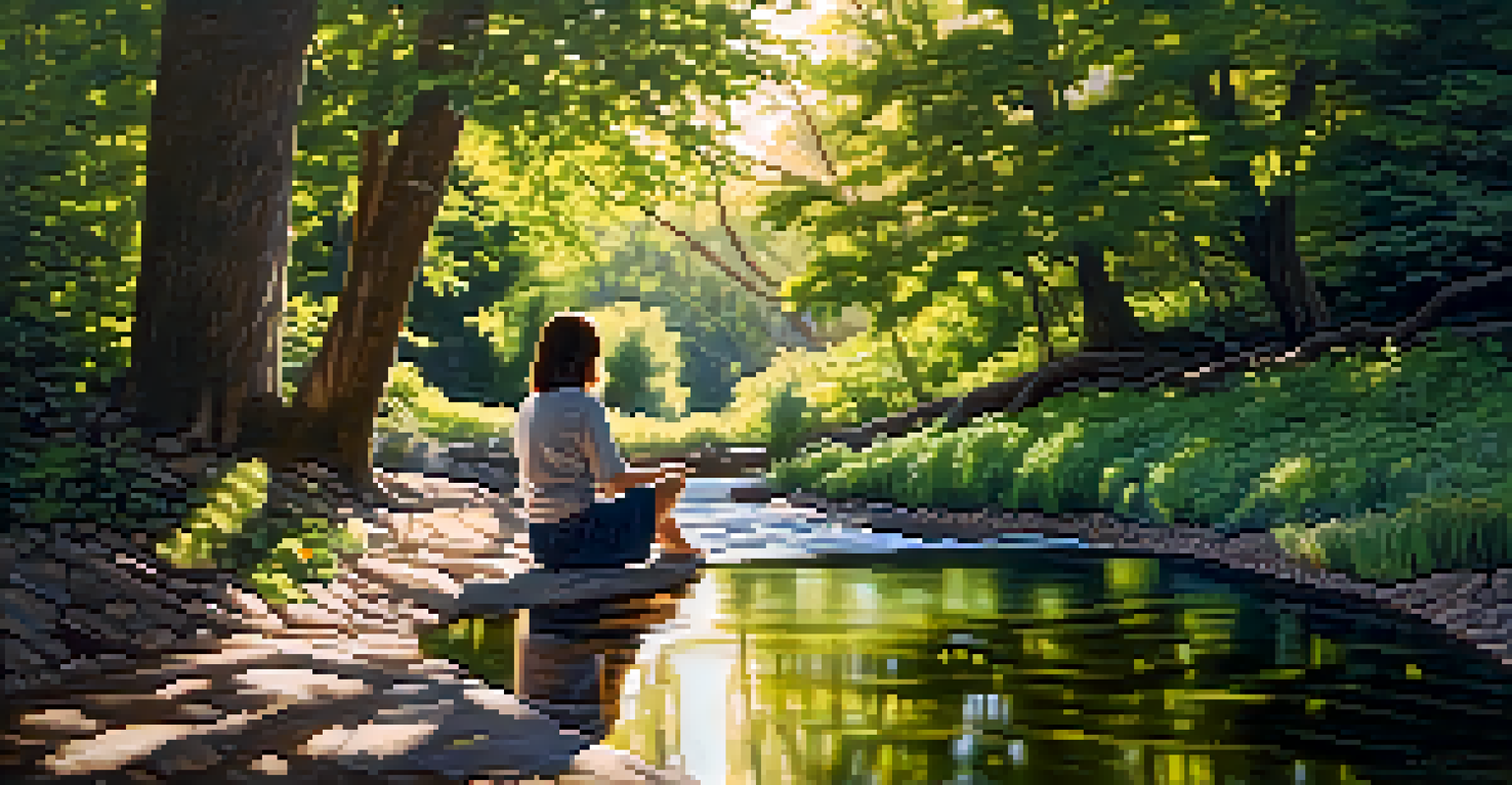 A peaceful outdoor scene with a person sitting in nature, surrounded by trees and sunlight, representing reflection and connection.