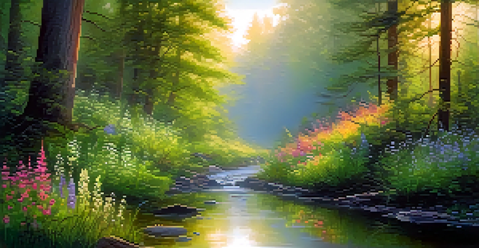 A tranquil forest at dawn with sunlight shining through trees and a stream reflecting the light.