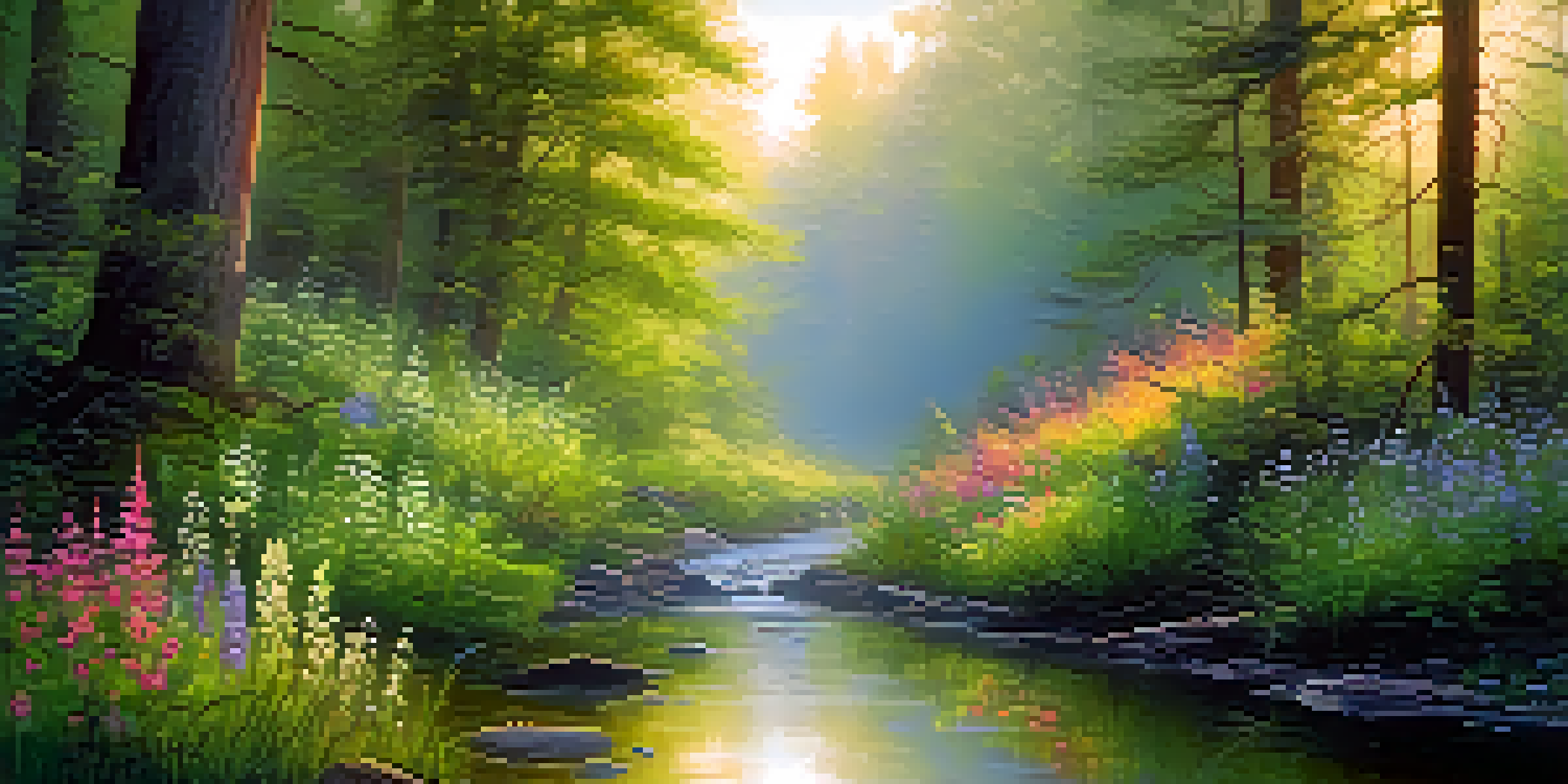 A tranquil forest at dawn with sunlight shining through trees and a stream reflecting the light.