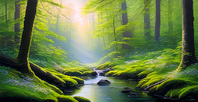 A peaceful forest at dawn with sunlight filtering through trees, moss-covered ground, and a gentle stream.
