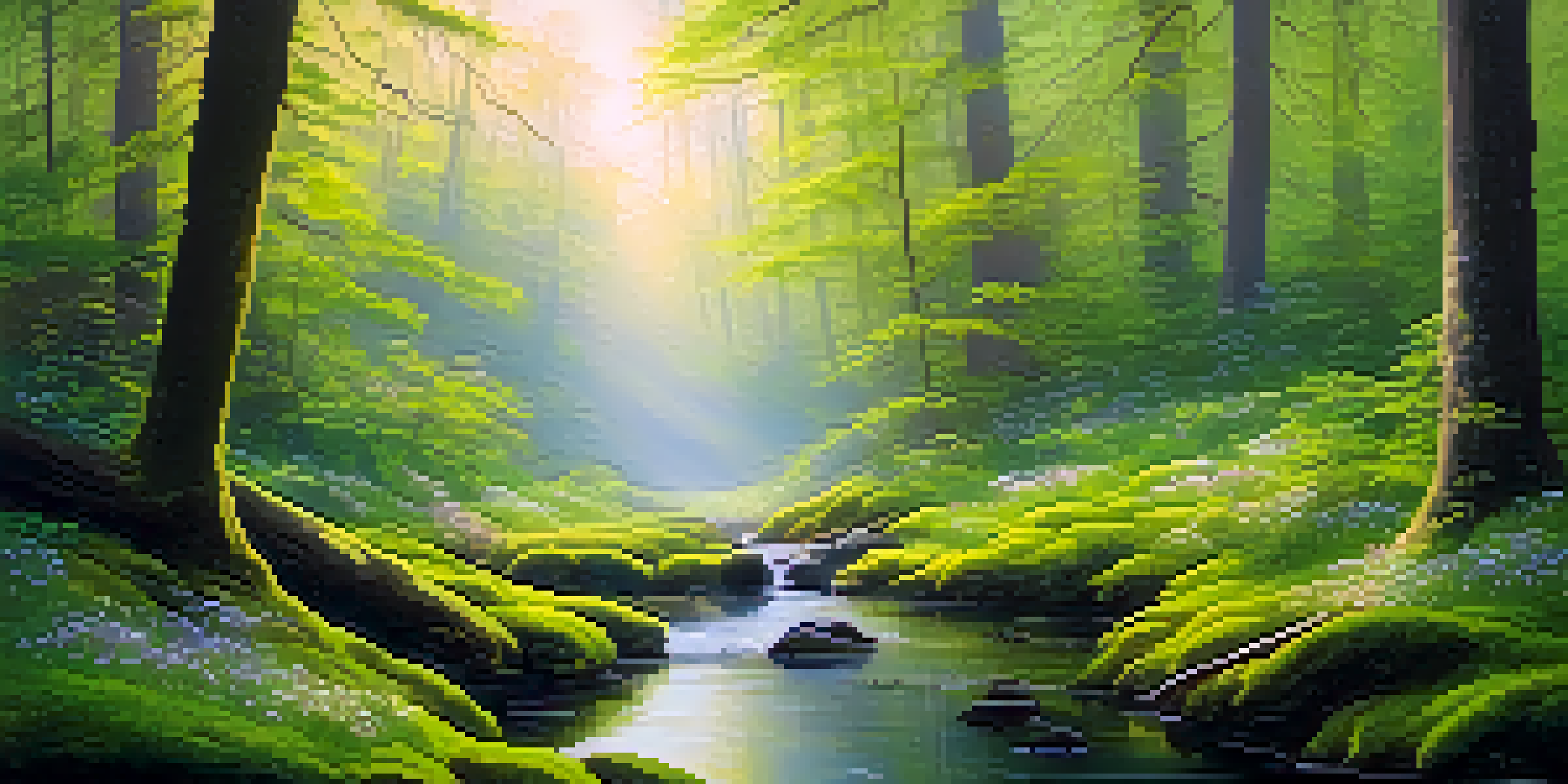 A peaceful forest at dawn with sunlight filtering through trees, moss-covered ground, and a gentle stream.
