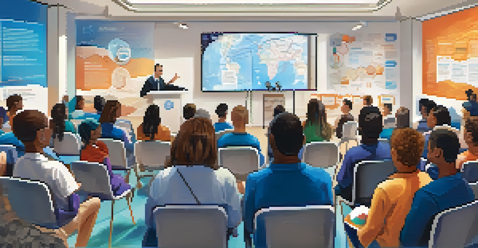 An educational workshop with a speaker at a podium presenting about hallucinogens, participants listening attentively, and an infographic displayed on a screen.