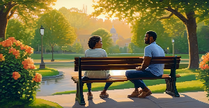 Two people sitting on a park bench, engaged in a heartfelt conversation under the warm glow of a sunset.
