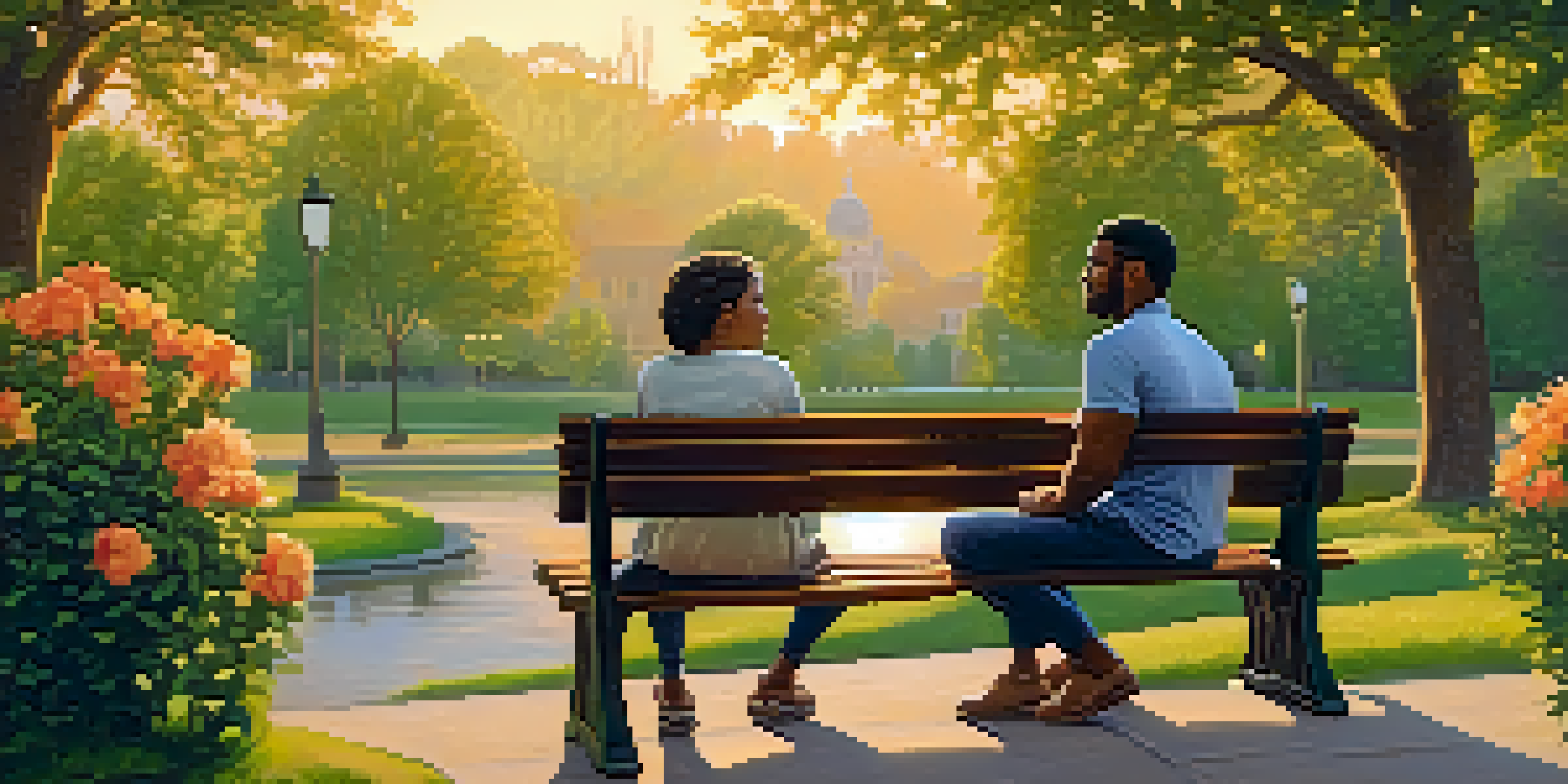 Two people sitting on a park bench, engaged in a heartfelt conversation under the warm glow of a sunset.