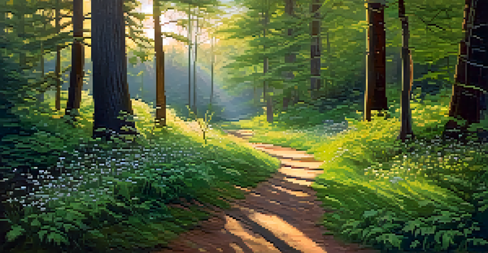 A tranquil forest at dawn with sunlight filtering through trees, highlighting vibrant flowers and a winding path.