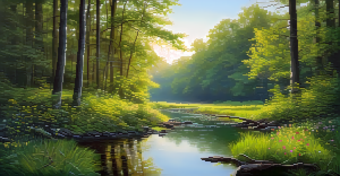 A peaceful forest at dawn with sunlight filtering through trees and a stream reflecting the sky.