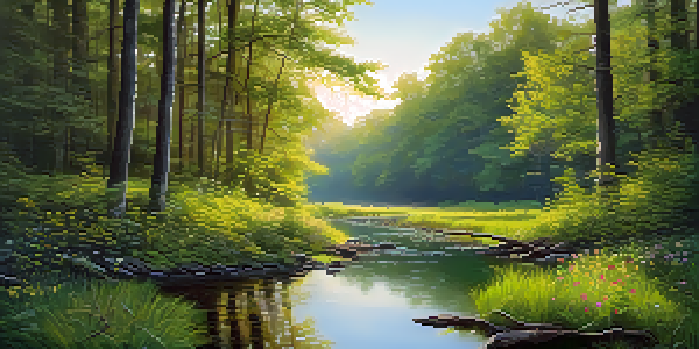 A peaceful forest at dawn with sunlight filtering through trees and a stream reflecting the sky.