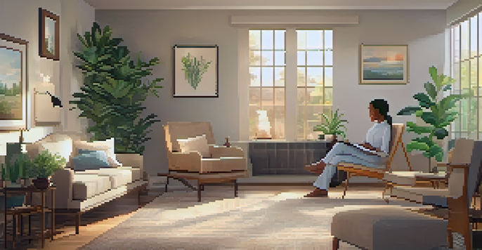 A cozy therapy room with soft lighting, plants, and a therapist guiding a participant in a meditative experience.