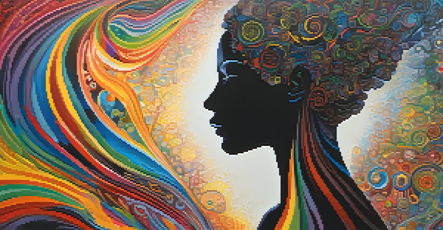 An abstract image of a human head with colorful patterns and swirling colors representing thoughts and emotions.