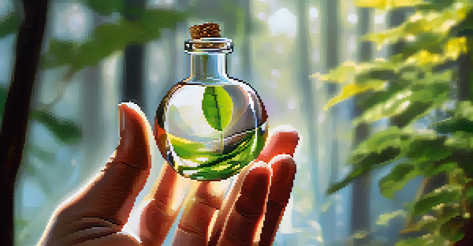 A hand holding a small vial of colorful liquid against a blurred natural background.