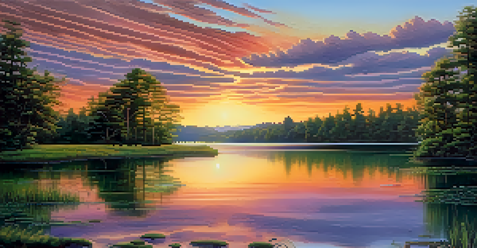 A peaceful landscape featuring a sunset with colors blending into sound waves, surrounded by trees and a lake.