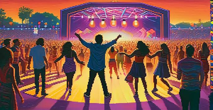 A lively outdoor music festival with diverse people dancing under colorful lights at sunset, with psychedelic patterns in the background.