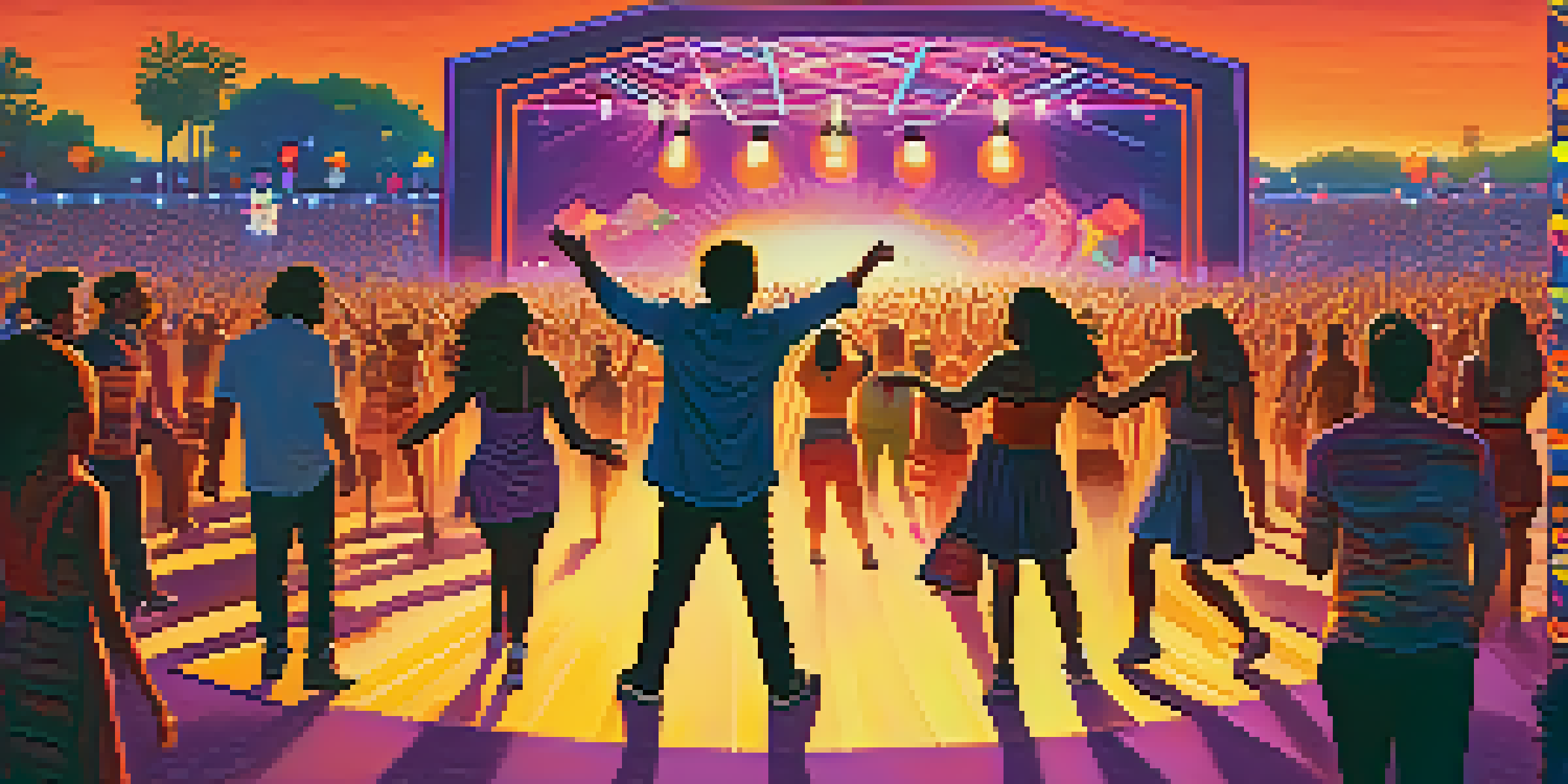 A lively outdoor music festival with diverse people dancing under colorful lights at sunset, with psychedelic patterns in the background.
