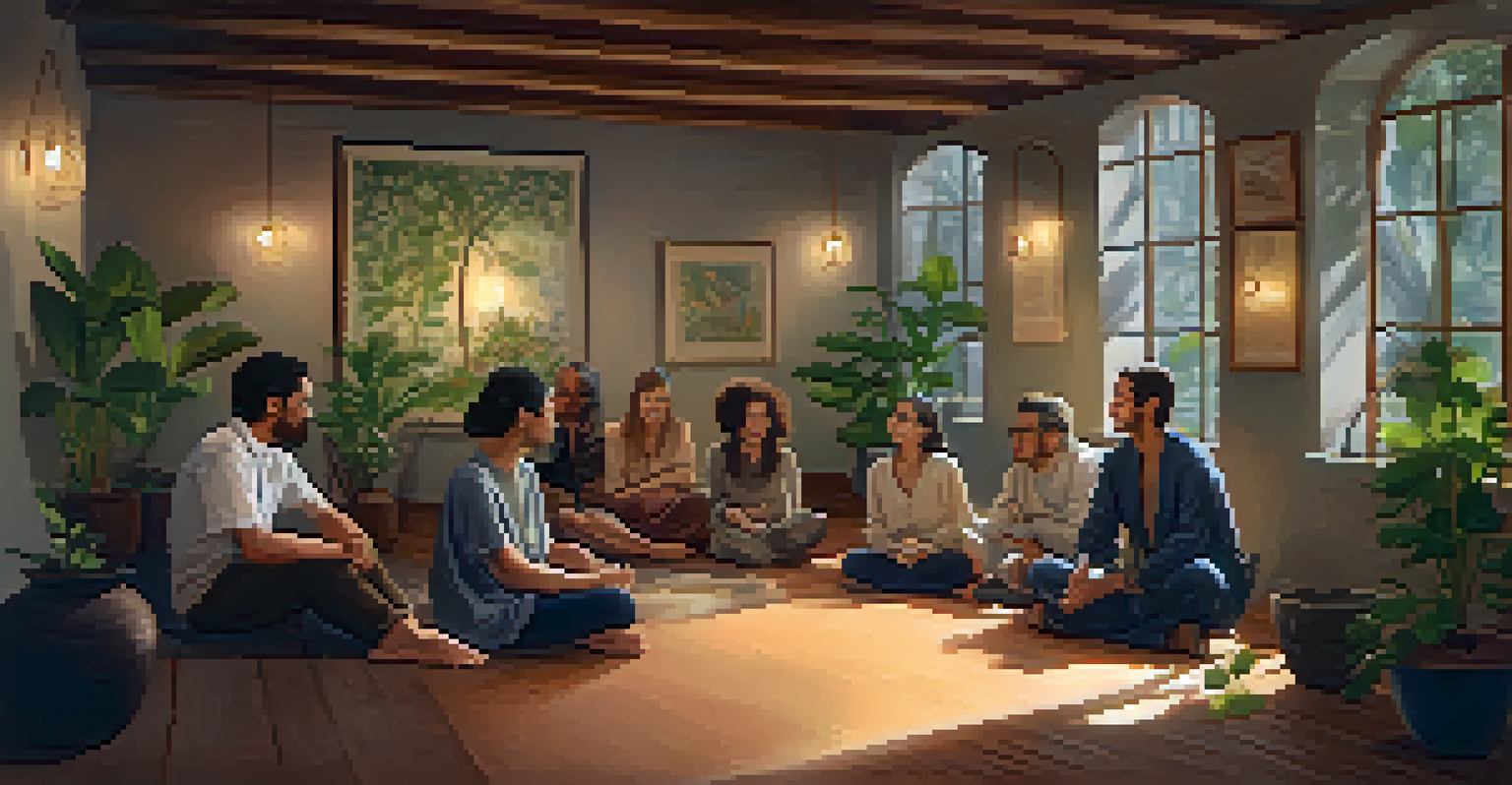 A facilitator leading a small group discussion in a warmly lit indoor space filled with plants and comfortable seating.