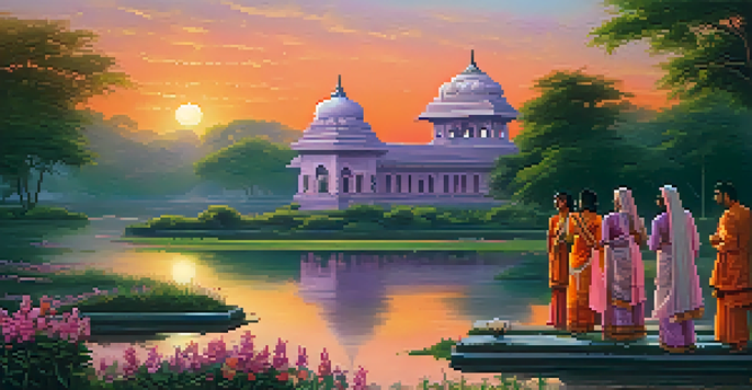 A tranquil Indian landscape with a temple surrounded by greenery, under a colorful dusk sky, and people in traditional attire performing a ritual.