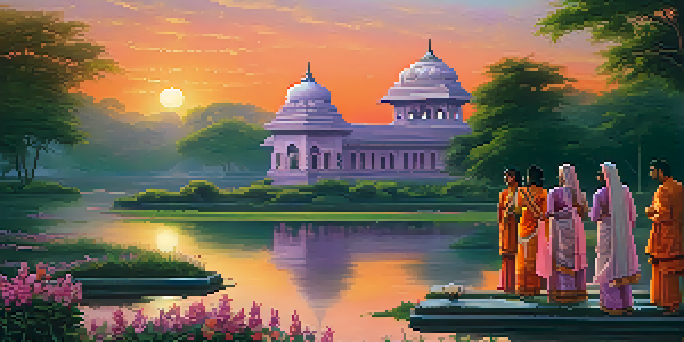 A tranquil Indian landscape with a temple surrounded by greenery, under a colorful dusk sky, and people in traditional attire performing a ritual.