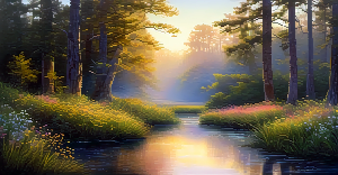 A tranquil forest scene at dawn with a stream and mist.