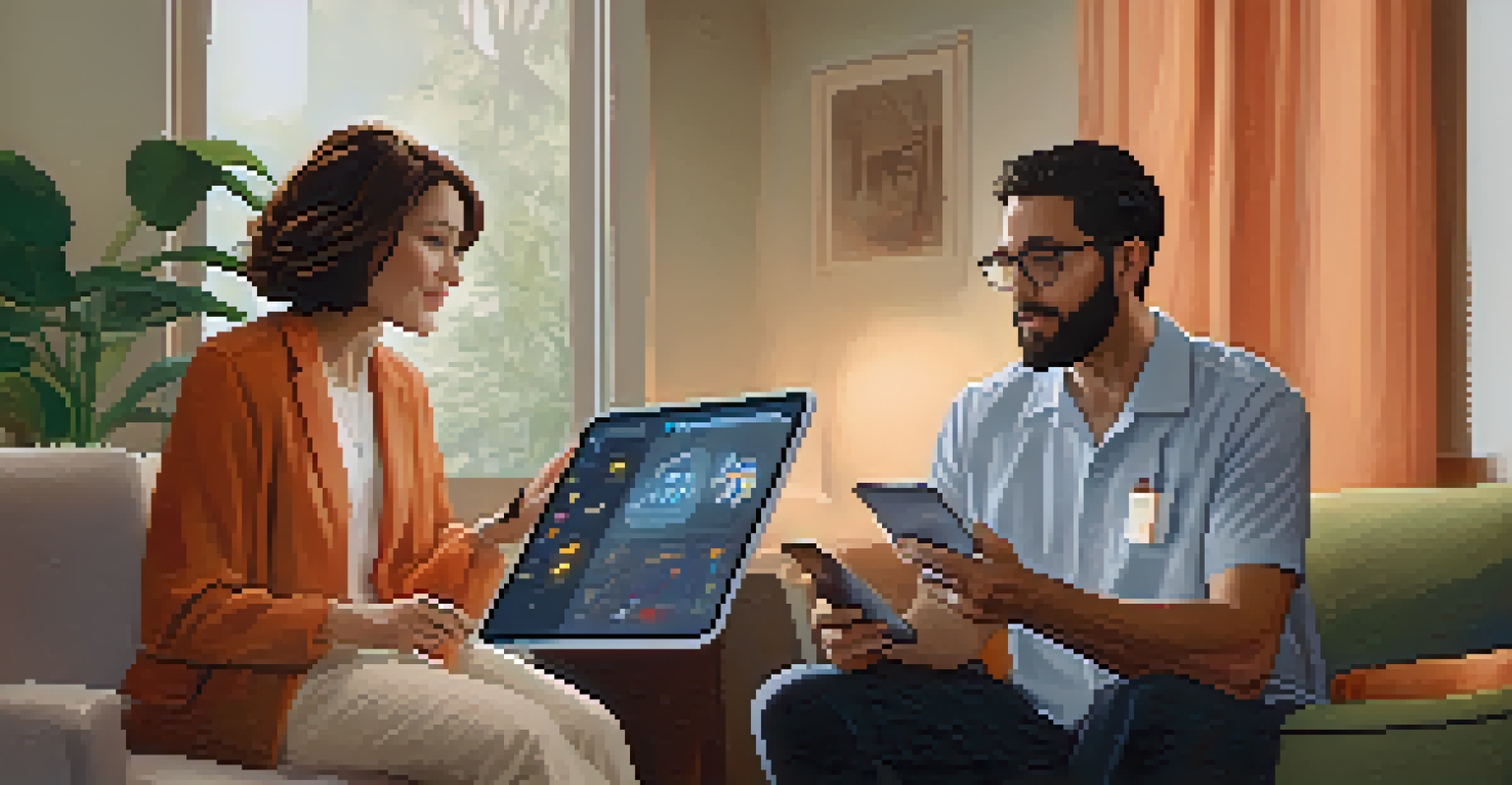 A therapist and a patient in a cozy room discussing data from a tablet, with soft lighting creating a warm atmosphere.