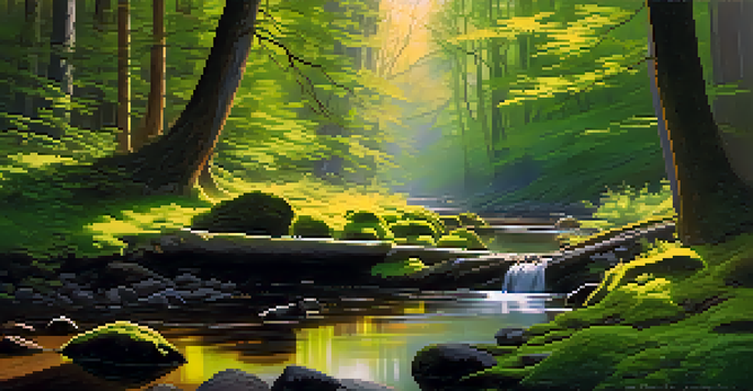 A peaceful forest scene with sunlight filtering through the trees and a gentle stream flowing.