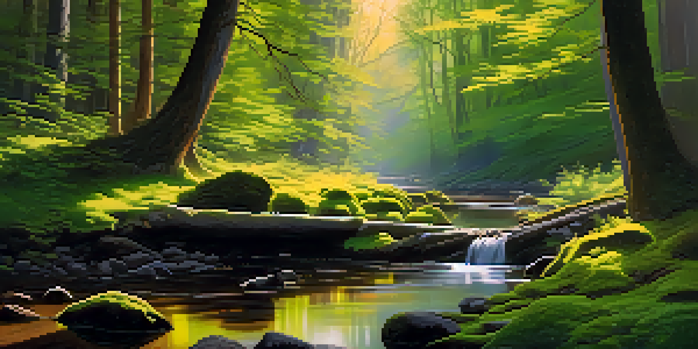 A peaceful forest scene with sunlight filtering through the trees and a gentle stream flowing.