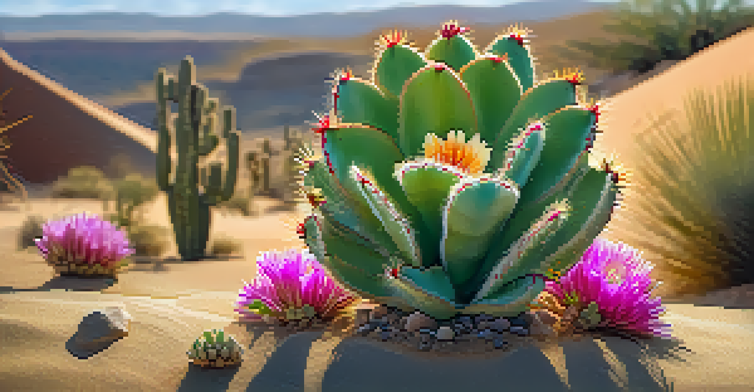 A close-up view of a blooming peyote cactus in a desert landscape, showcasing vibrant flowers and intricate textures, with traditional indigenous symbols faintly visible in the background.