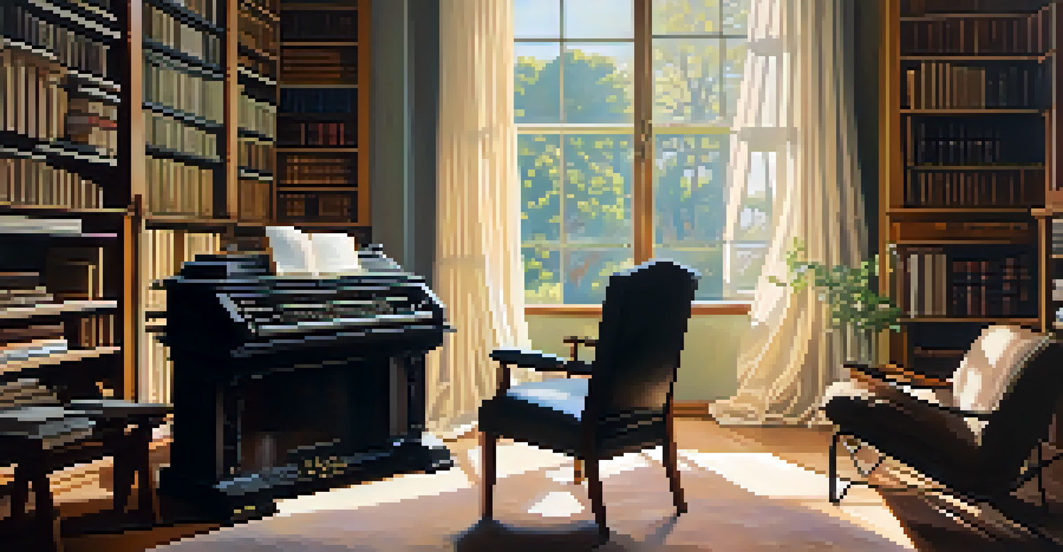An ethereal scene of a modernist writer's study with books and a typewriter, illuminated by natural light, capturing the essence of Virginia Woolf's literary style.