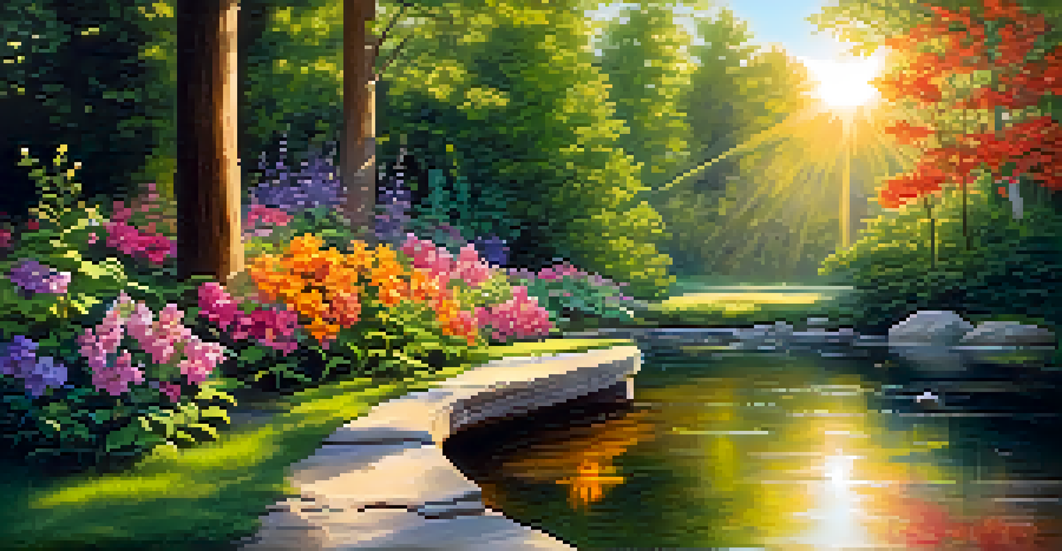 A vibrant outdoor garden with blooming flowers, a stream, and sunlight filtering through the trees.