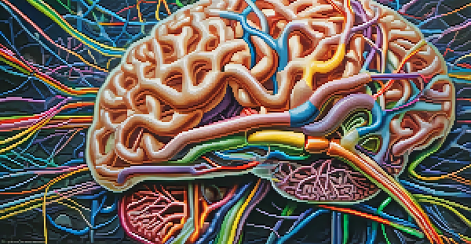 A detailed close-up of a human brain with illuminated neural pathways in vibrant colors, highlighting the complexity of brain connections.