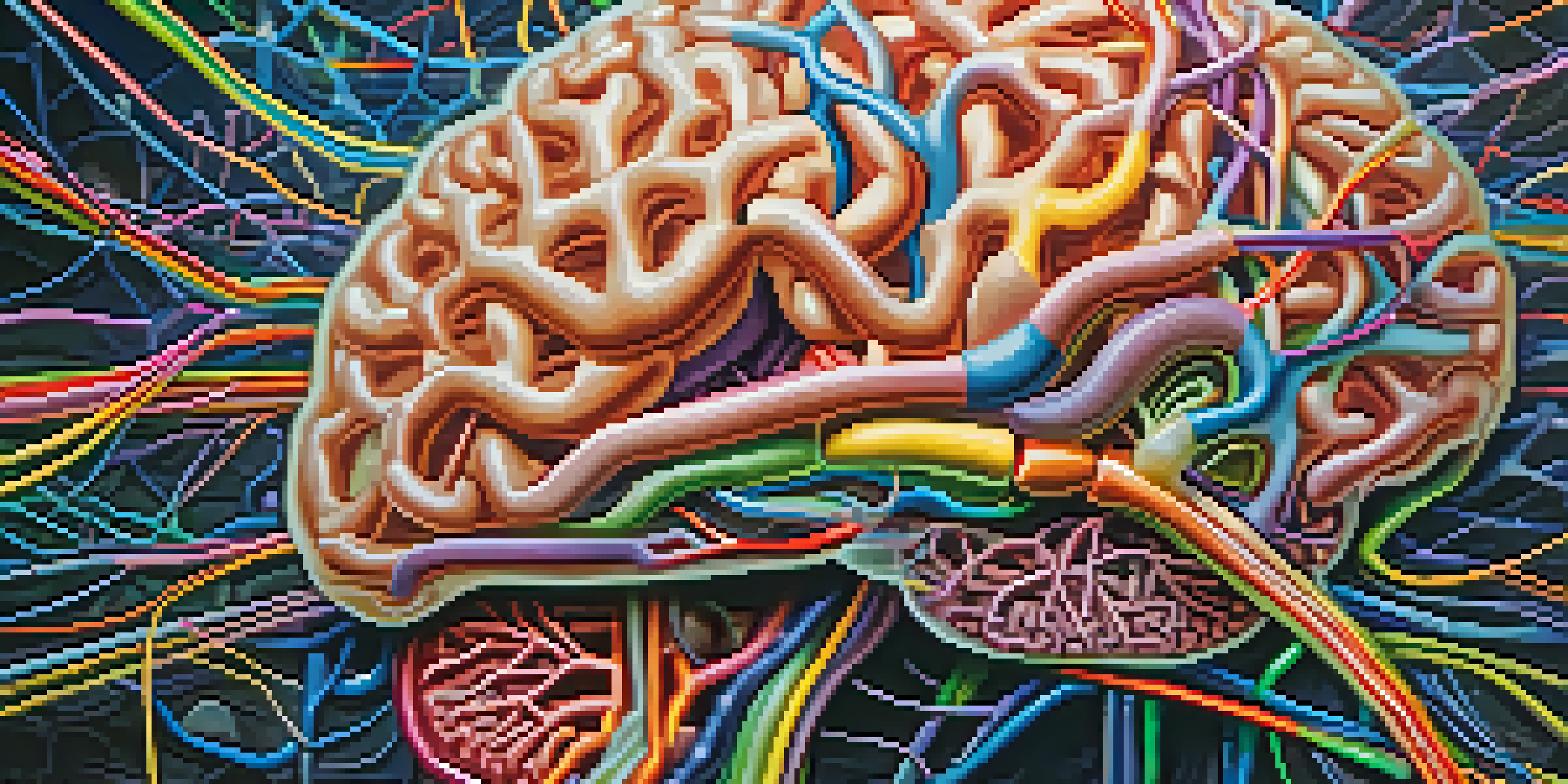 A detailed close-up of a human brain with illuminated neural pathways in vibrant colors, highlighting the complexity of brain connections.