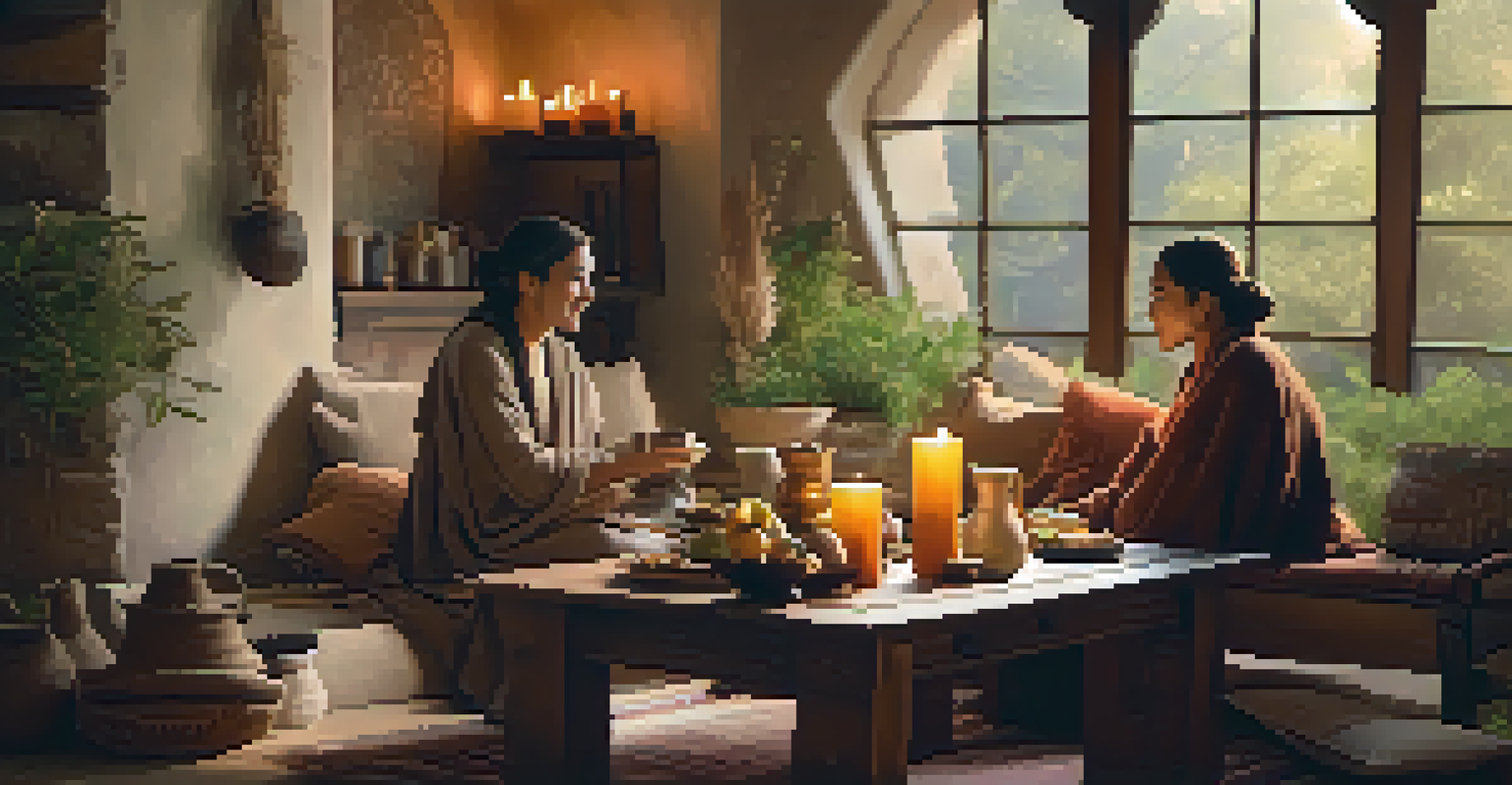A cozy retreat space with cushions, herbal teas, and guides interacting with participants in a warm atmosphere.