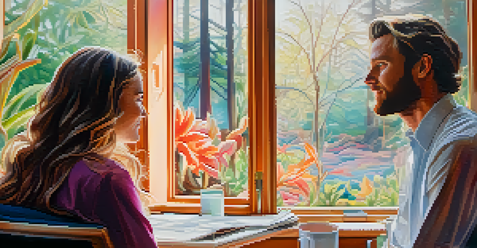 A therapist and a client having a heartfelt conversation during a psychedelic therapy session, with empathetic expressions.