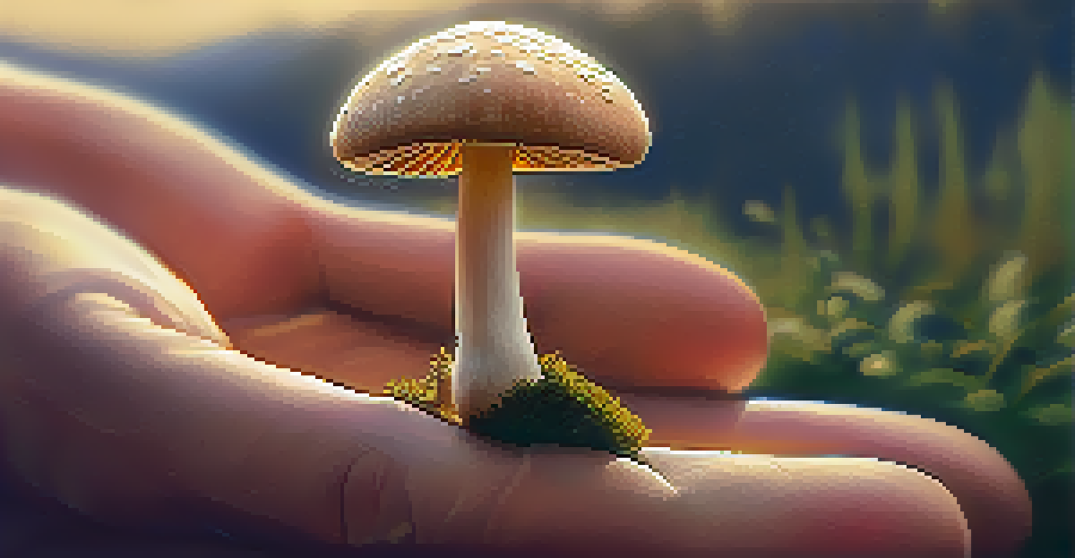 A close-up of a hand holding a psilocybin mushroom with a soft nature background and warm sunlight.