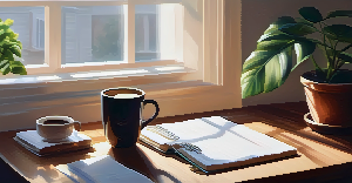 A cozy workspace with a wooden desk, potted plant, open notebook, and steaming cup of coffee under soft morning light.