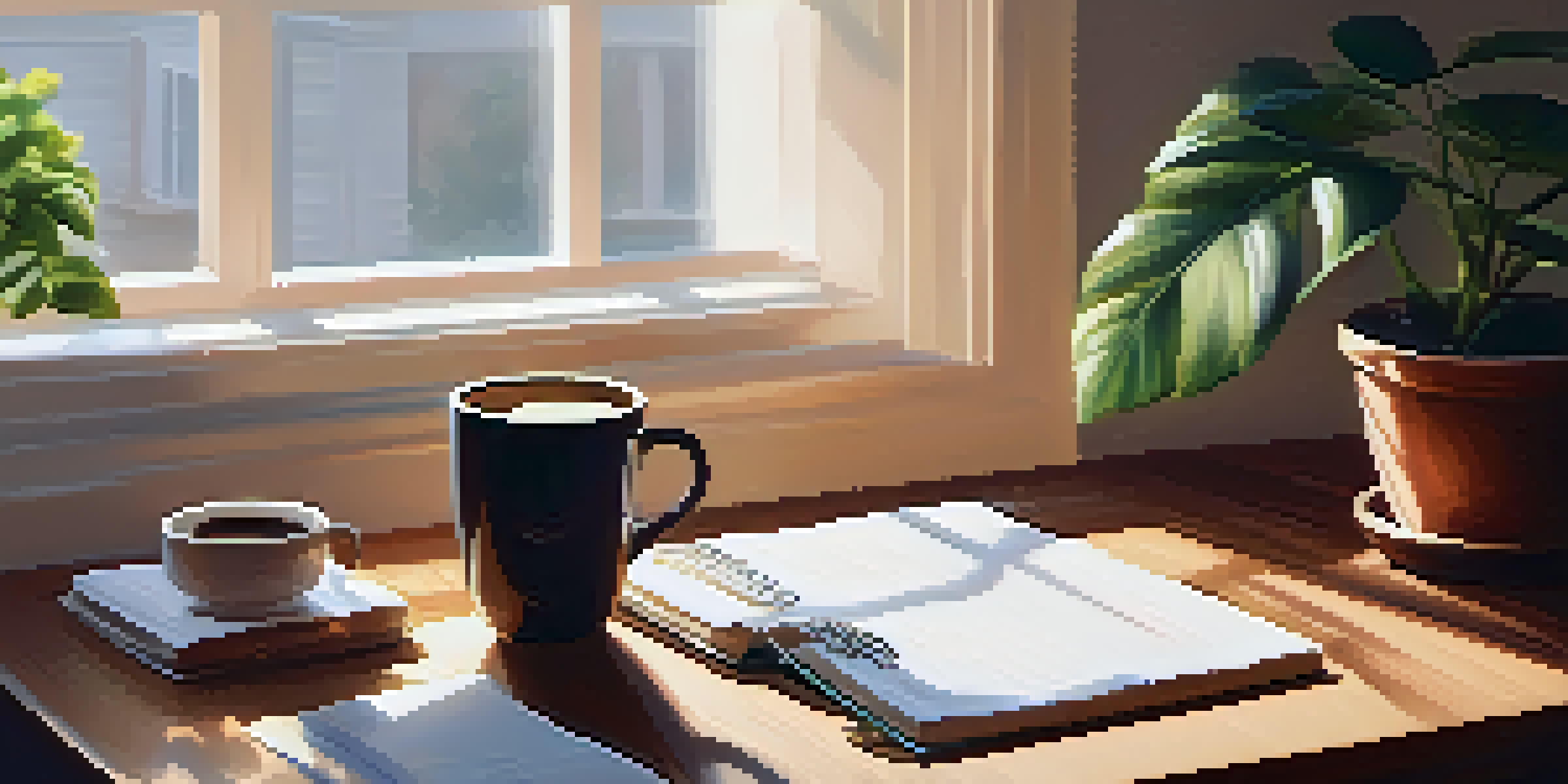 A cozy workspace with a wooden desk, potted plant, open notebook, and steaming cup of coffee under soft morning light.