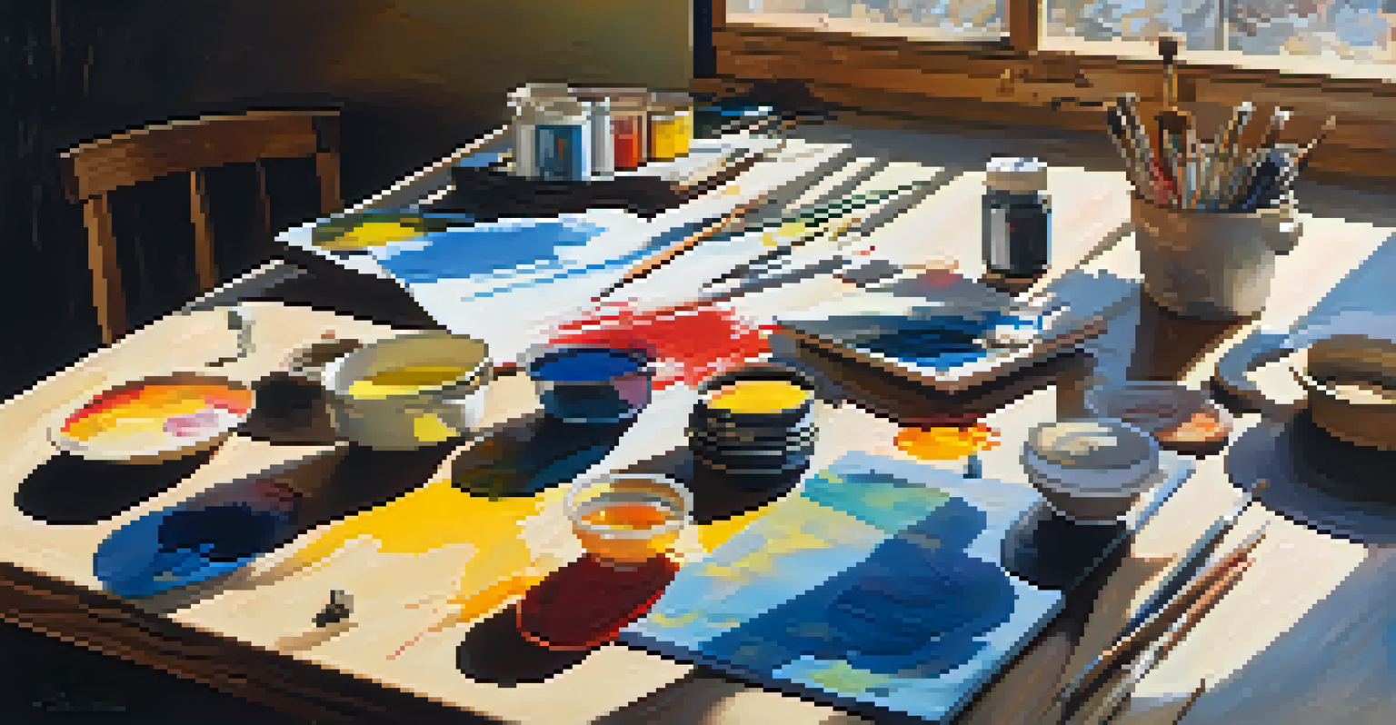 An artist's workspace with paints and a colorful abstract canvas, illuminated by sunlight.