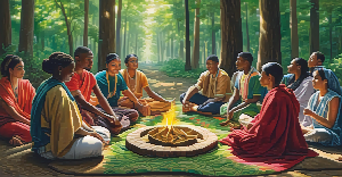 A diverse group of people gathered in a forest for a community ritual, holding hands and surrounded by colorful blankets and decorations.