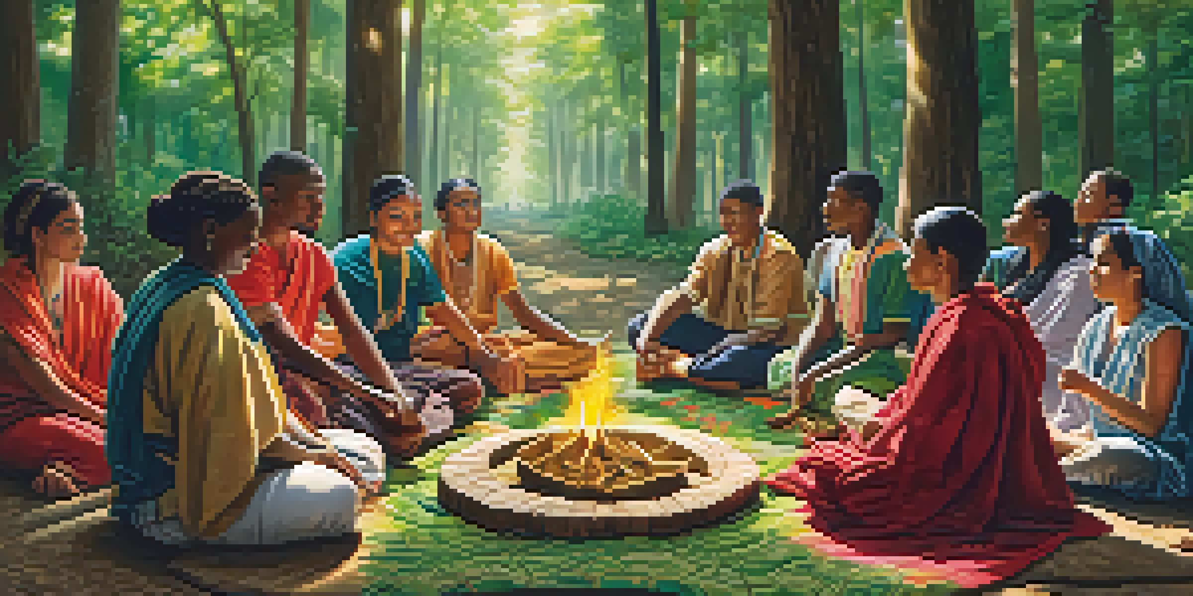 A diverse group of people gathered in a forest for a community ritual, holding hands and surrounded by colorful blankets and decorations.