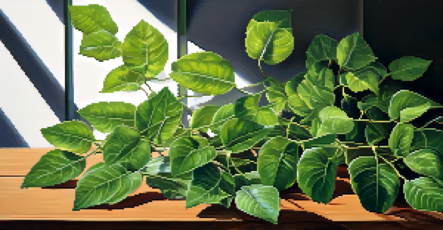 Close-up of the Banisteriopsis caapi vine and Psychotria viridis leaves on a wooden table with natural lighting.