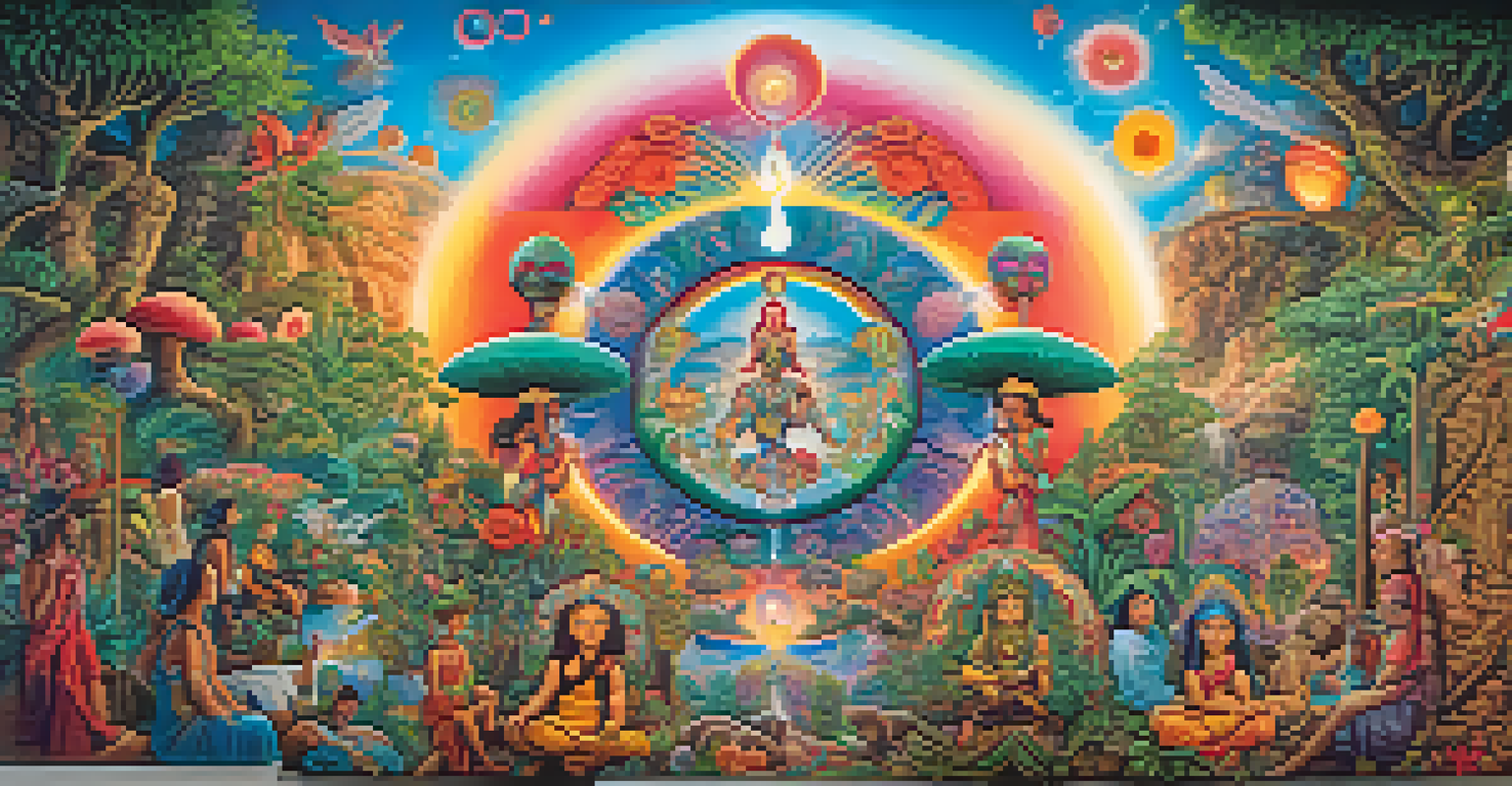 A colorful mural illustrating the cultural significance of psychedelics, with various symbols and figures representing harmony with nature.