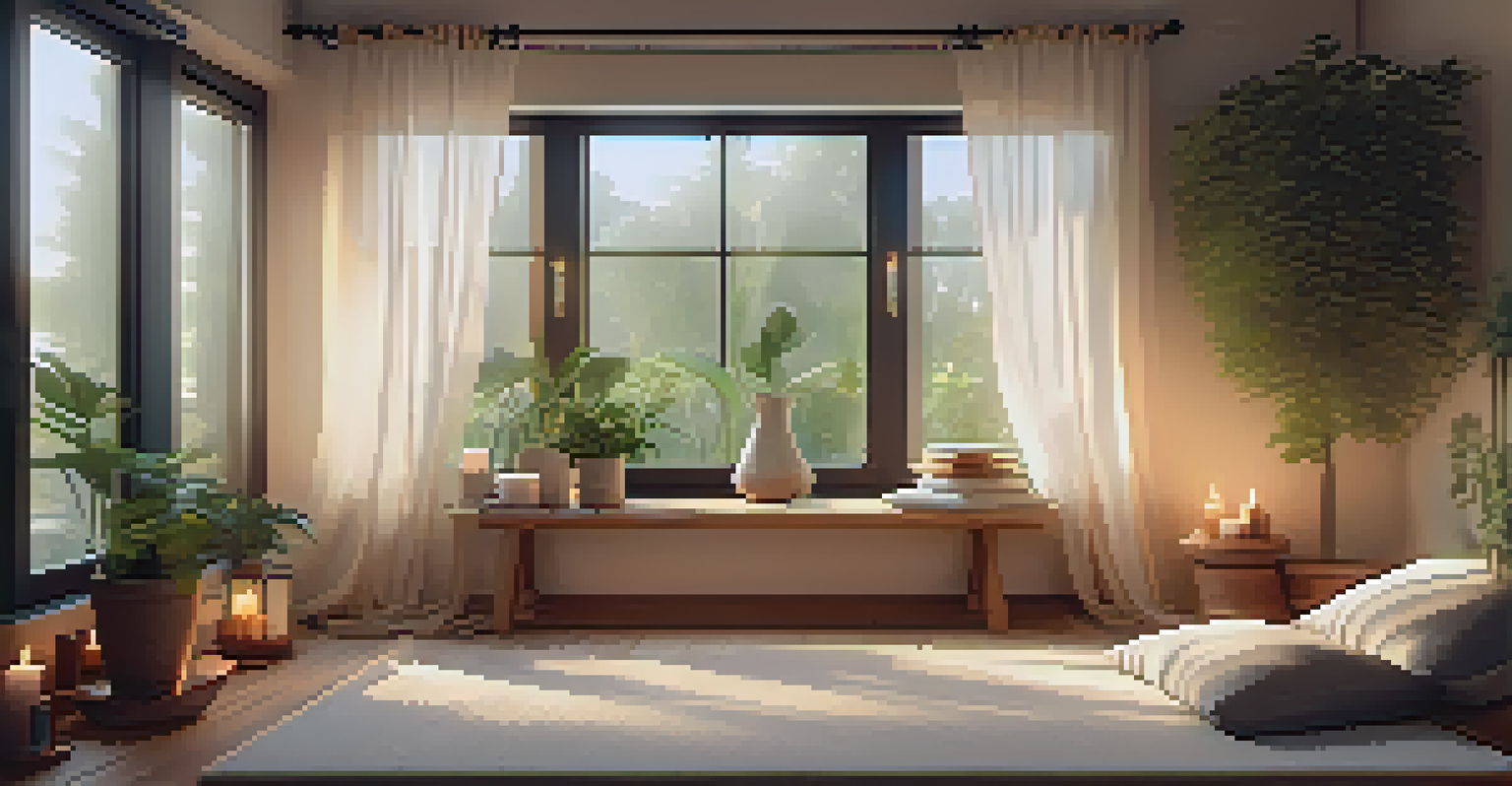 A cozy meditation space with a plush mat, candles, and plants, illuminated by soft natural light.